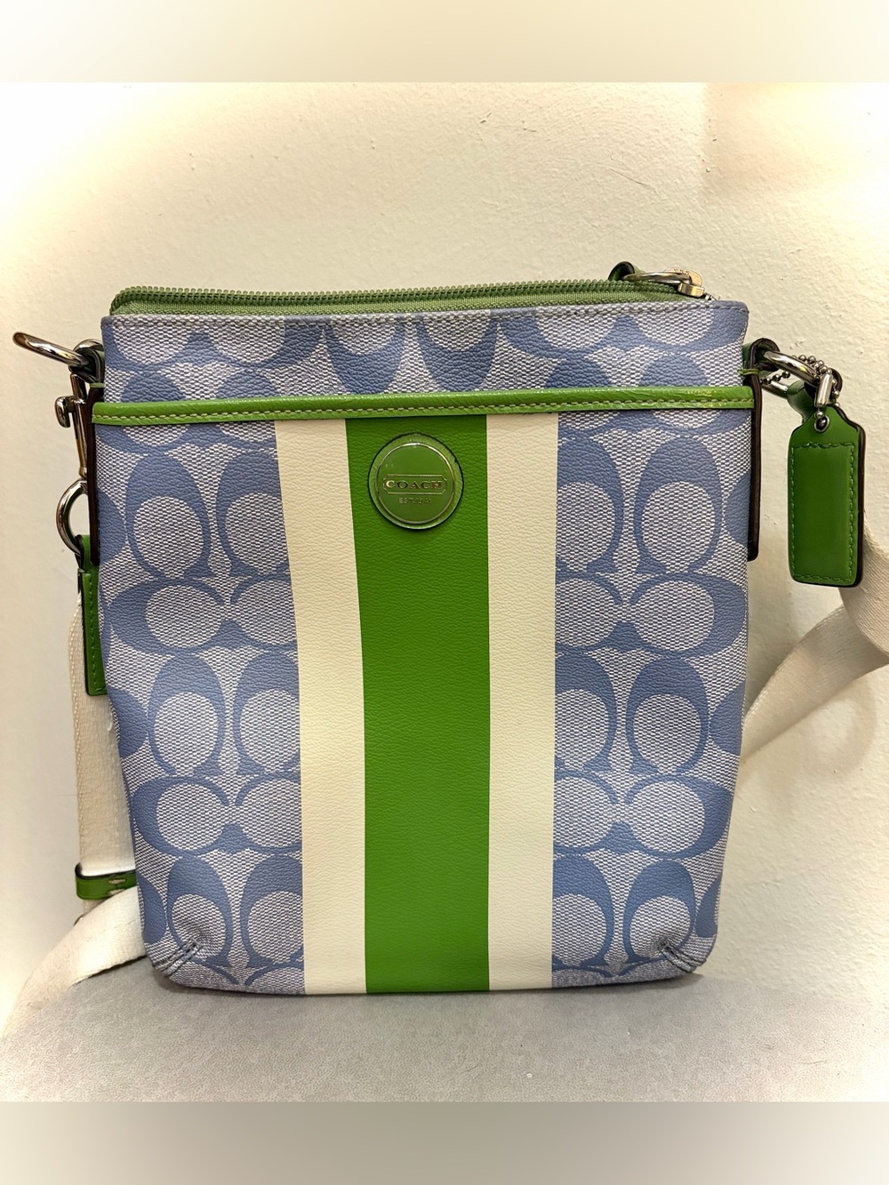 Coach Blue Signature Crossbody Swingpack with Green & White Stripes